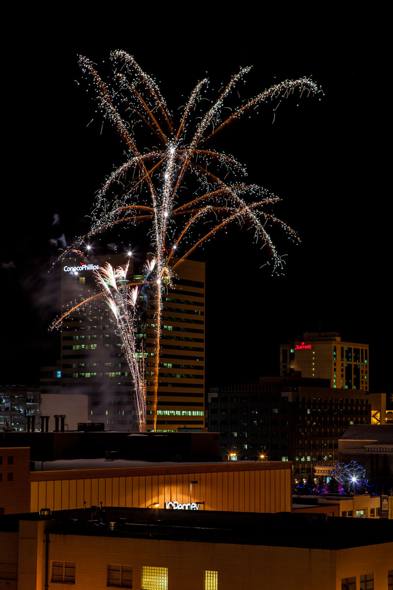 Fireworks in Downtown Anchorage in front of Conoco Phillips Building