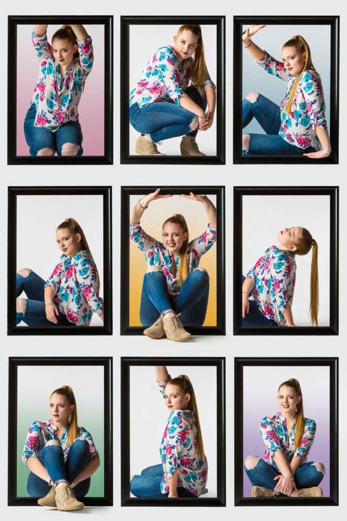 High school senior girl sitting in picture frames with some colorful backgrounds